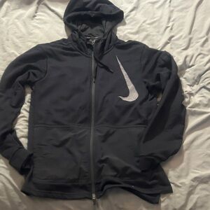 NIKE DRI-FIT MENS Black Zip-Up Hoodie with White Logo